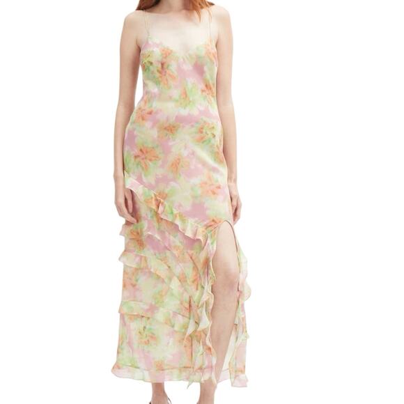 Bardot Dresses & Skirts - Bardot Cantara Ruffle Slip Dress Tiered Maxi Slit Floral Pink Sz 2 XS Fairy Cute